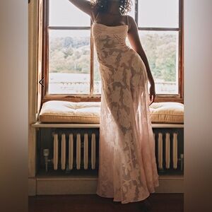 Soft pink floral lace back maxi dress